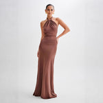Bodycon Halter Backless Maxi Dresses -brown