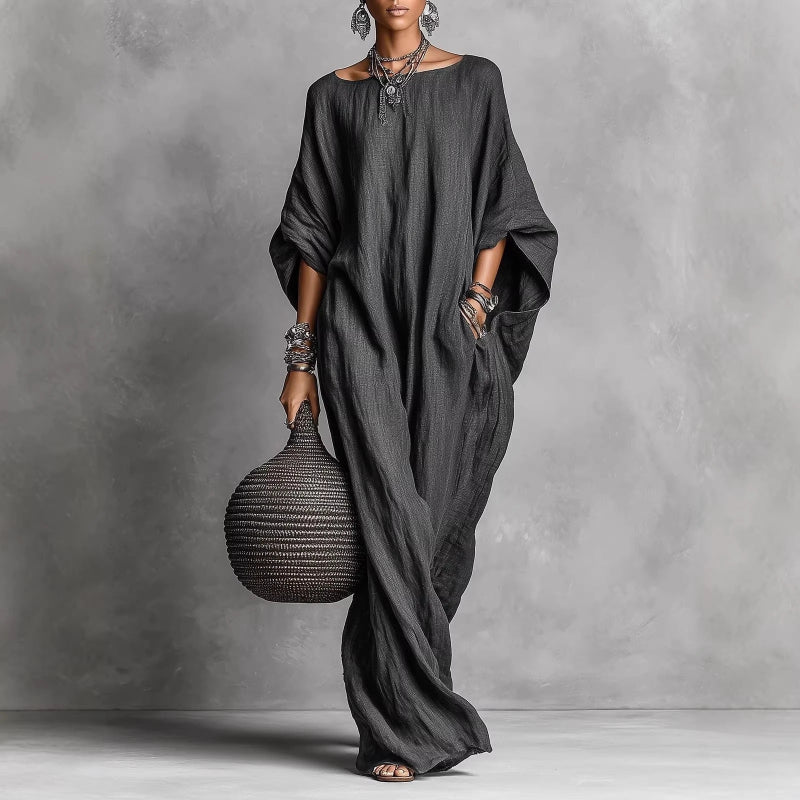 Relaxed Batwing Sleeve Maxi Dress with Pockets - black