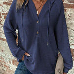 Long-sleeved Drawstring V-neck Hooded Sweater - navy blue