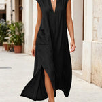 Sleeveless Stand Collar V-Neck Pocket Split Midi Dress - black