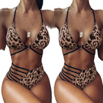O-Ring Triangle Top Multi-Strap Waist Bikini Set - leopard