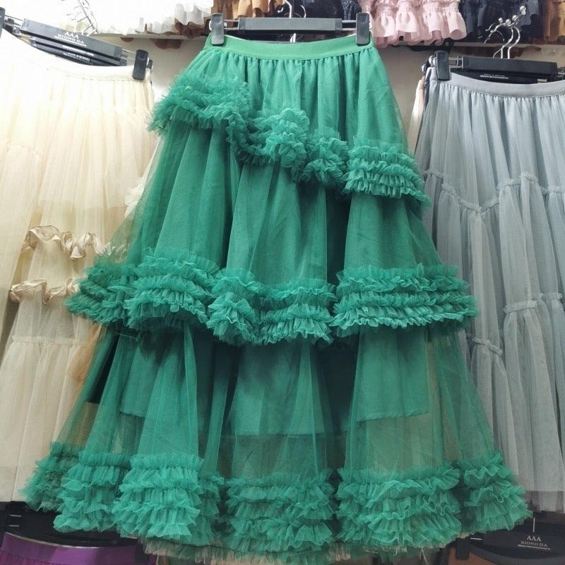 Multi-layer Fungus Edge Stitching Mesh Skirts - runwayfashionista.com