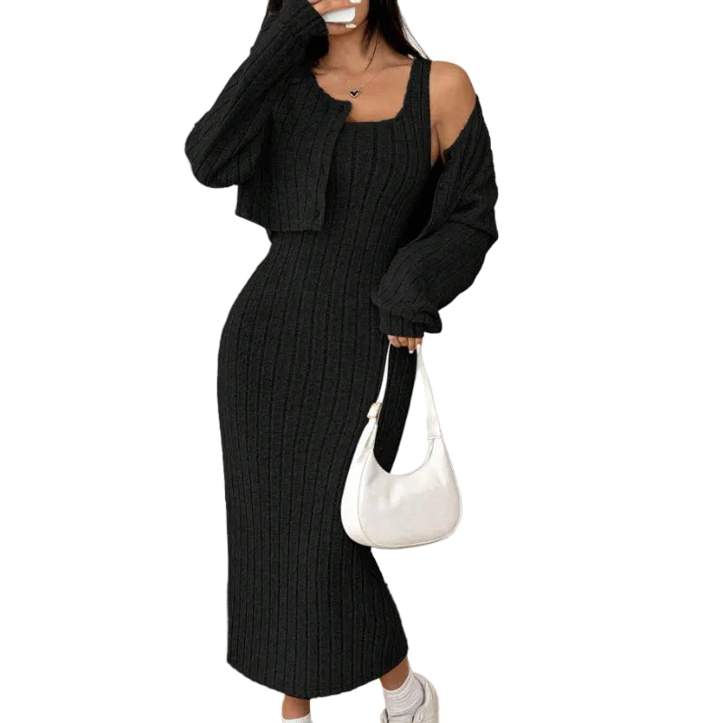 Ribbed Knit Dress and Cropped Cardigan Set - black