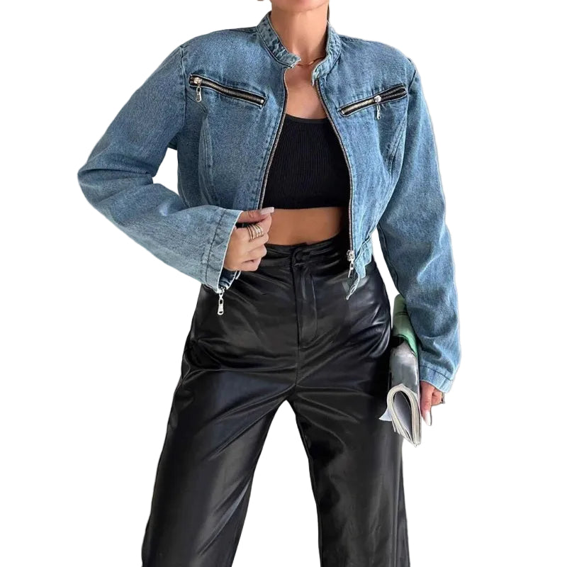 Cropped Denim Moto Jacket