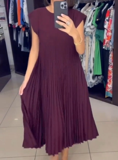 Short Sleeve Pleated Midi Dress -burgundy