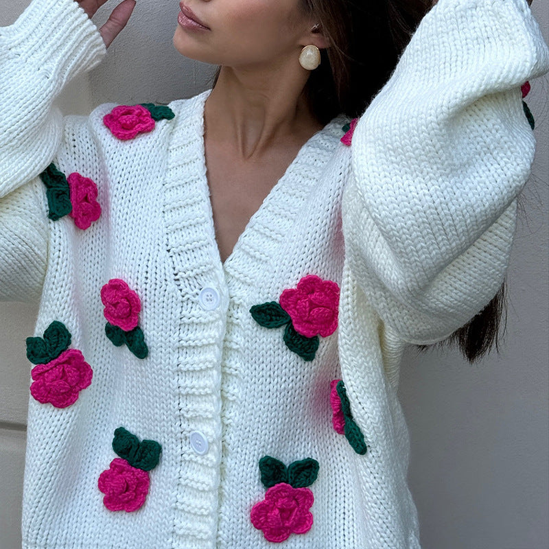 Three Dimensional Rose Knitted Cardigan