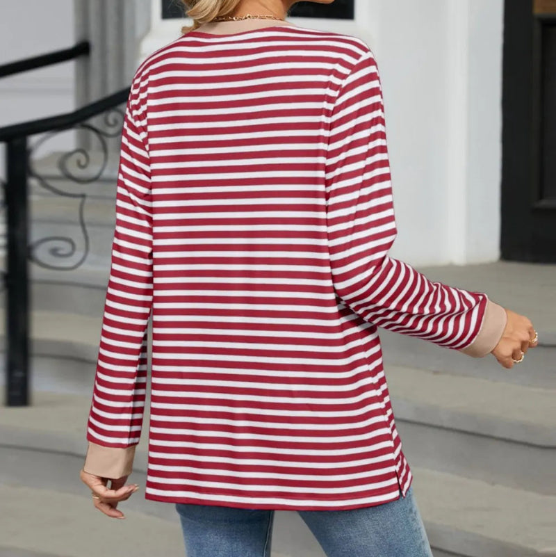 Pocketed Striped Round Neck Long Sleeve T-Shirt - runwayfashionista.com