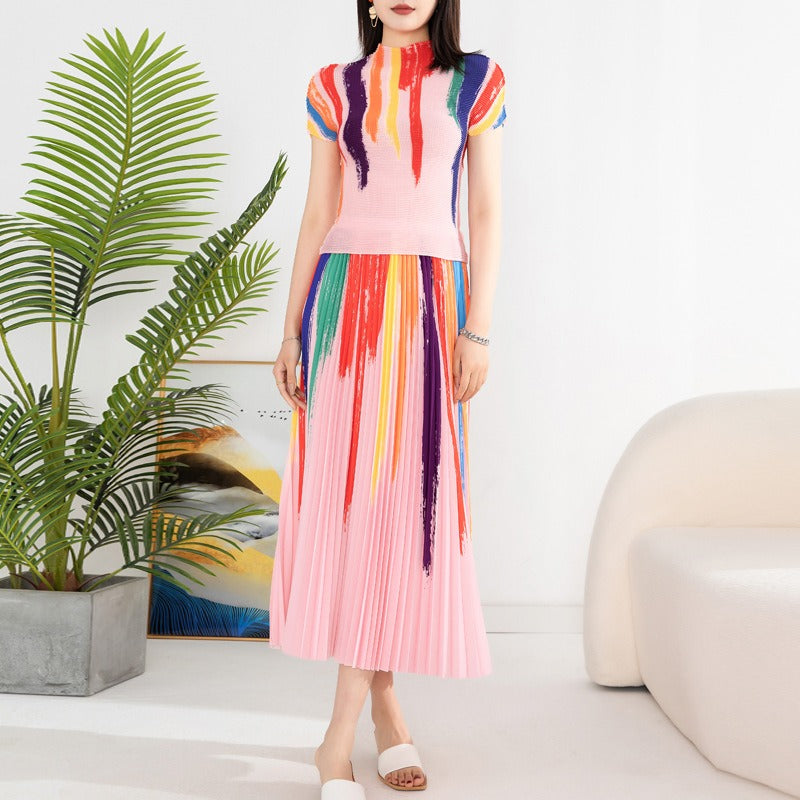 Contrast Color Pleated 2 Pieces Set - runwayfashionista.com