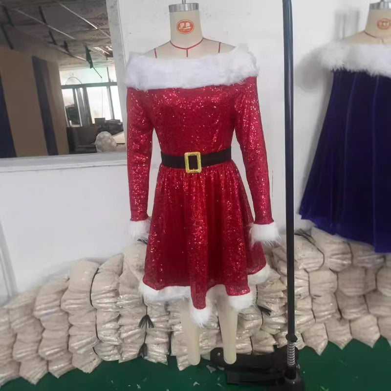 Red Sequin Off-Shoulder Christmas Dress