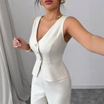 Sleeveless Slim V-neck Vest And High Waist Trousers Two-piece Set - white