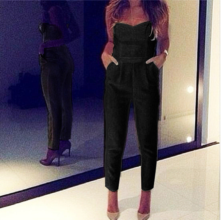 White & Black Strapless Sweetheart Structured-Bodice Side-Pocket Slim Tapered Cropped Jumpsuit - black