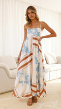 A collection of large swing suspender midi dresses in various prints and colors, including purple stripes, brown stripes, red floral, and different floral patterns.
