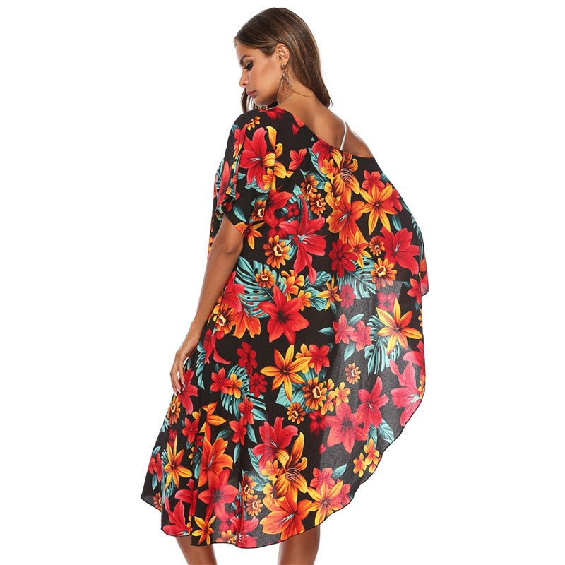 Asymmetry Floral Print Tunic Beach Dress