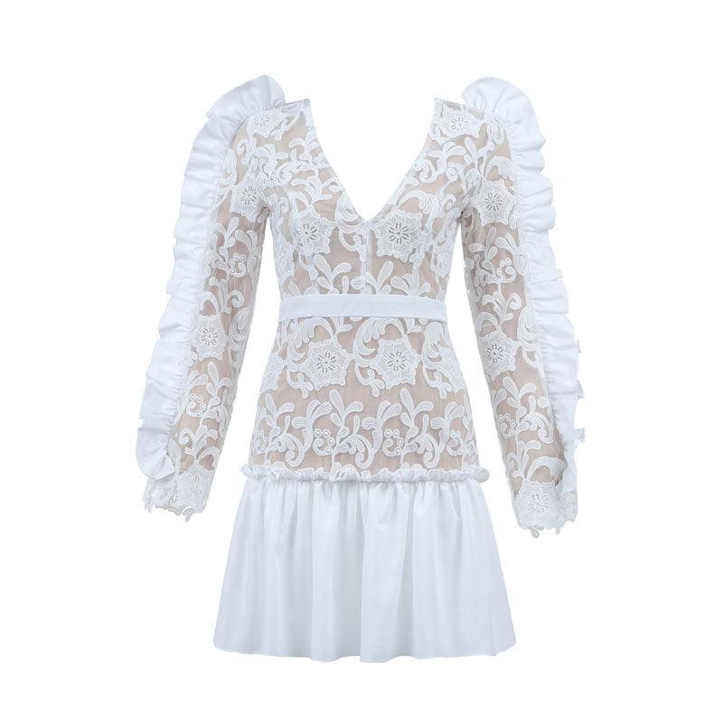 V-neck Ruffle Lace Mini Dress