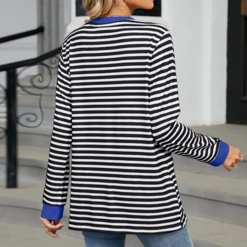 Pocketed Striped Round Neck Long Sleeve T-Shirt - runwayfashionista.com
