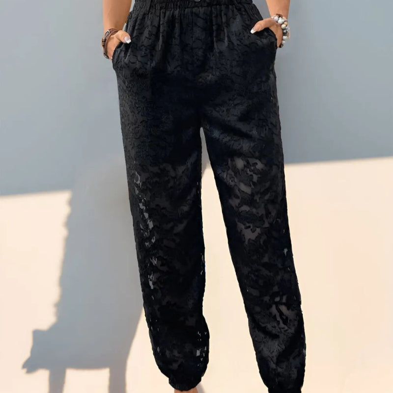 Pocketed Lace Elastic Waist Pants - runwayfashionista.com