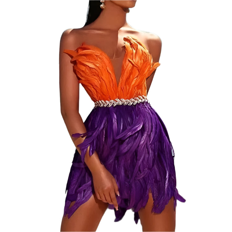 Stylish High Waist Feather Crystal Design Mini Dress