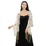 Flower Sequin Embroidered Long Fringe Shawl