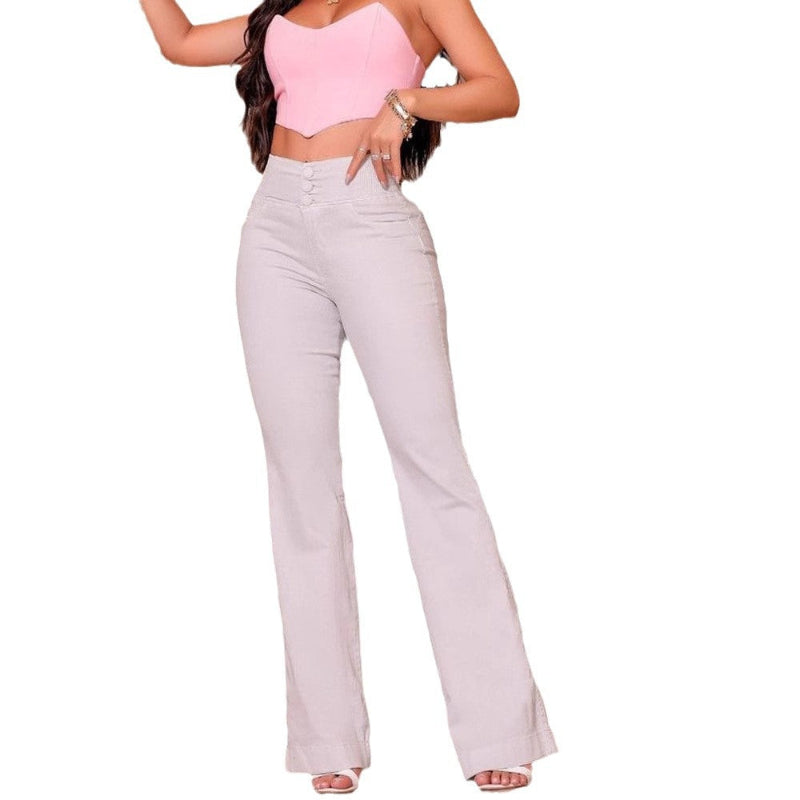 A person wearing dark blue high-waisted, button-up flared jeans, showcasing the full length and a comfortable fit.