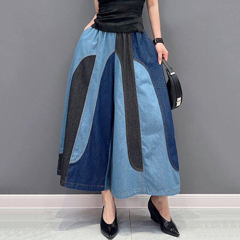 Casual Patchwork Elastic Waist Wide Leg Pants - runwayfashionista.com