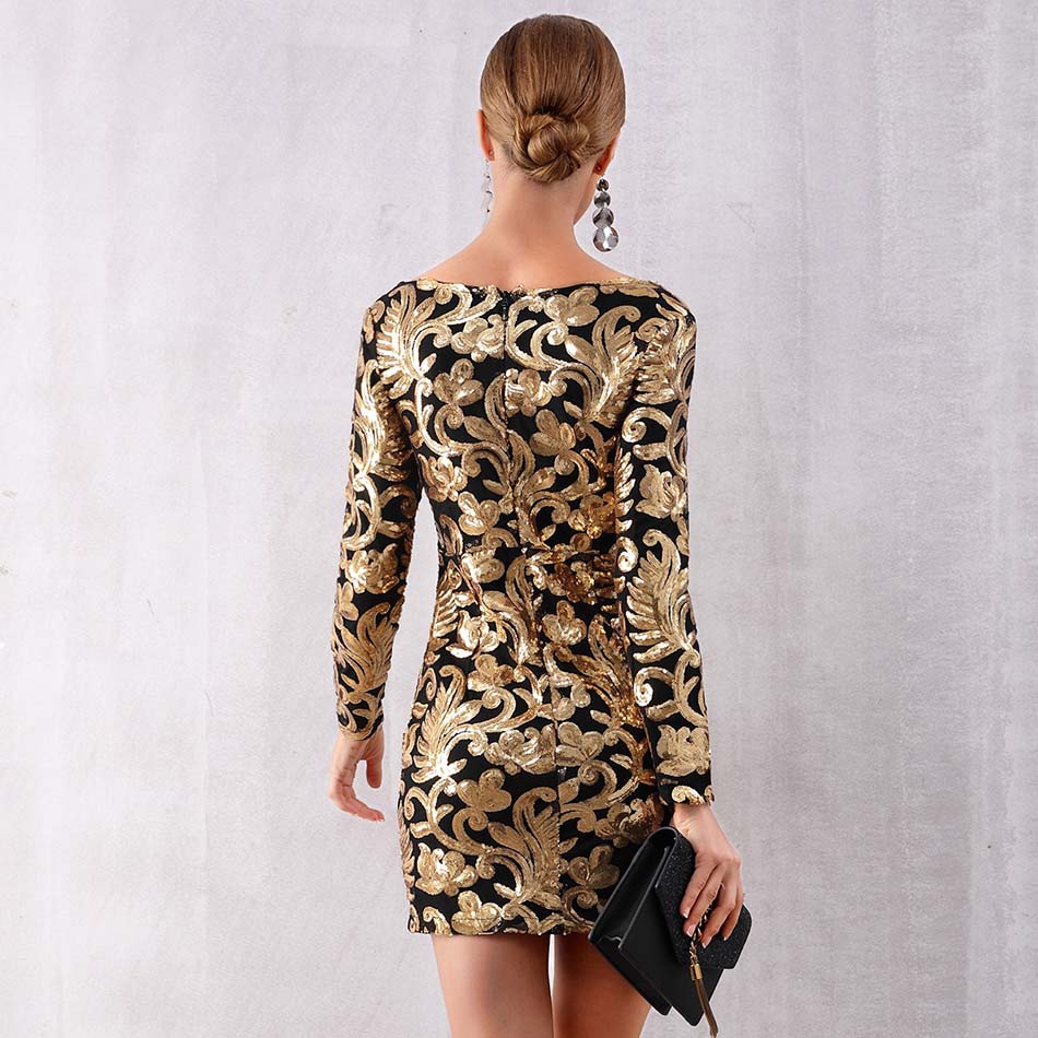 Sequines Deep V Gold Mini Club Dress - runwayfashionista.com