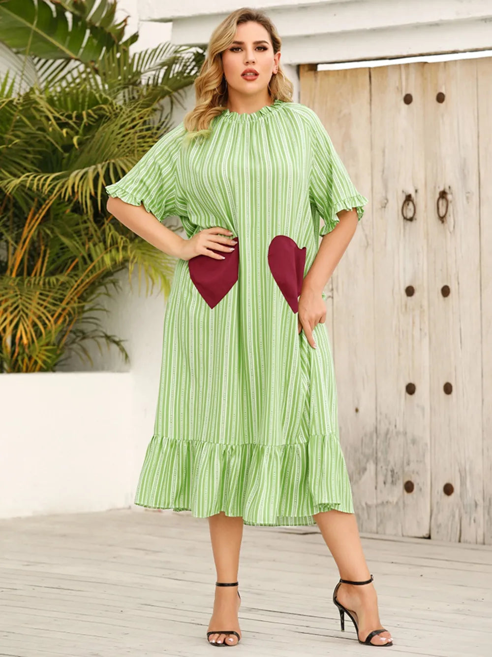 Plus Size Frill Heart Striped Half Sleeve Dress - Light Green - runwayfashionista.com