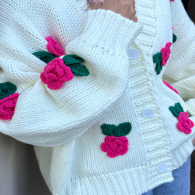 Three Dimensional Rose Knitted Cardigan