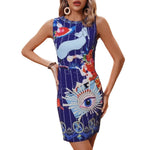 A backless, sleeveless mini dress with a starry sky print.