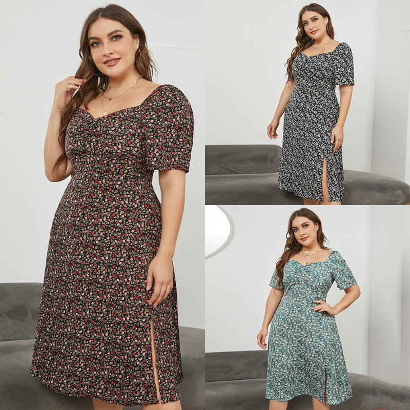 Square Neck Waist Open Long Floral Dresses