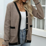 Contrast Trim Button Up Long Sleeve Cardigan - runwayfashionista.com
