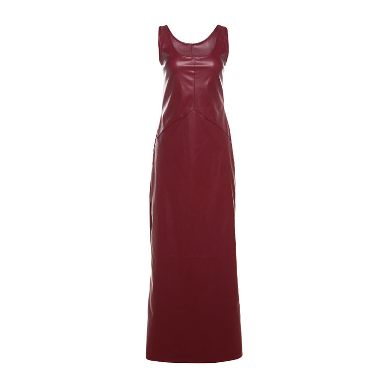 Black or wine red PU leather split long dress with a U-shaped collar, sleeveless design, high waist, backless feature, and one-step skirt, available in sizes S, M, L.