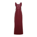 Black or wine red PU leather split long dress with a U-shaped collar, sleeveless design, high waist, backless feature, and one-step skirt, available in sizes S, M, L.