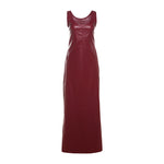 Black or wine red PU leather split long dress with a U-shaped collar, sleeveless design, high waist, backless feature, and one-step skirt, available in sizes S, M, L.