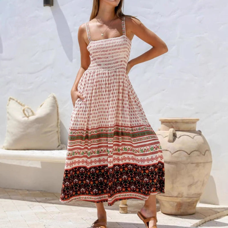 Sleeveless Printed Midi Dress with Adjustable Straps - White