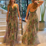 Sleeveless Military Green Printed Maxi Dress with High Waist and Flowing Silhouette