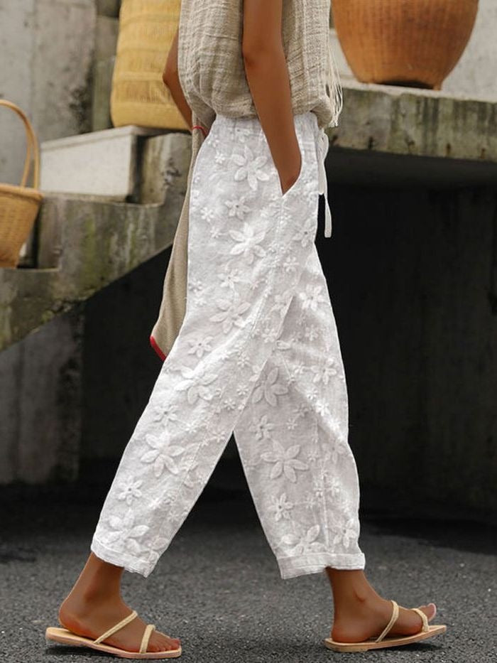 Hemp Embroidery Lace Up Casual Pants - runwayfashionista.com