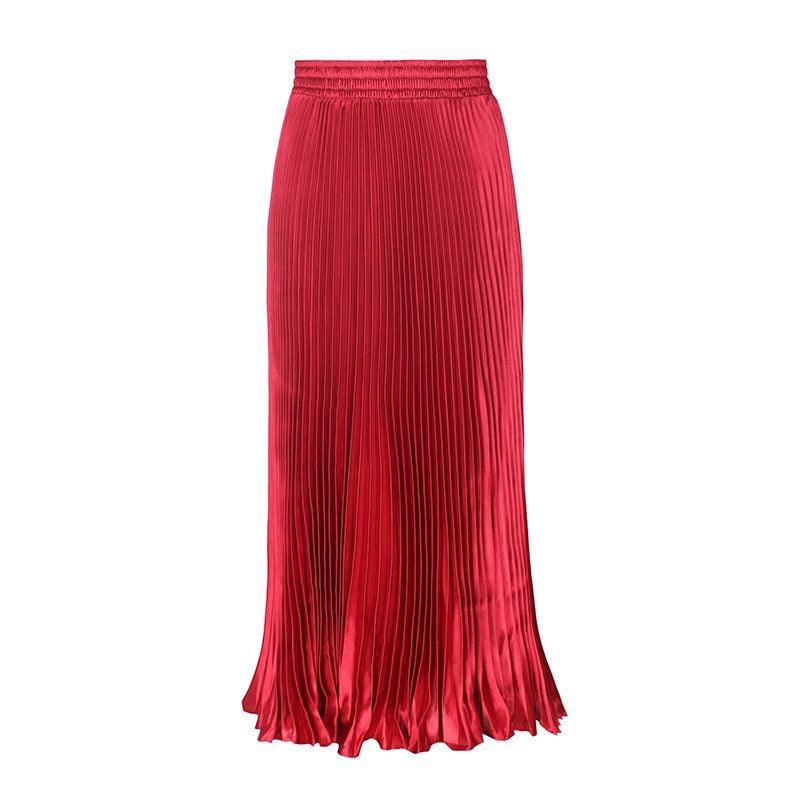 Glossy pleated long skirt