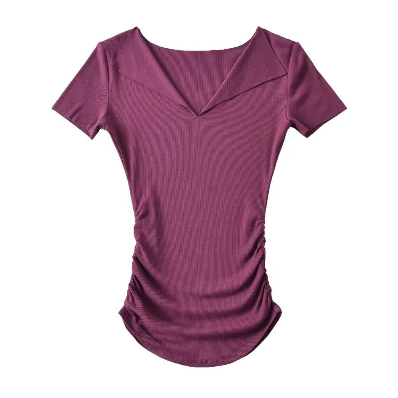 Half open solid color threaded short sleeved shirt