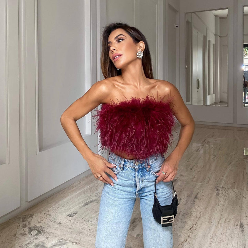 Fluffy Fur Tube Top - runwayfashionista.com