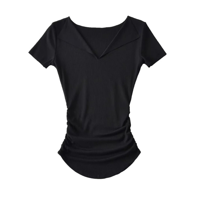 Half open solid color threaded short sleeved shirt