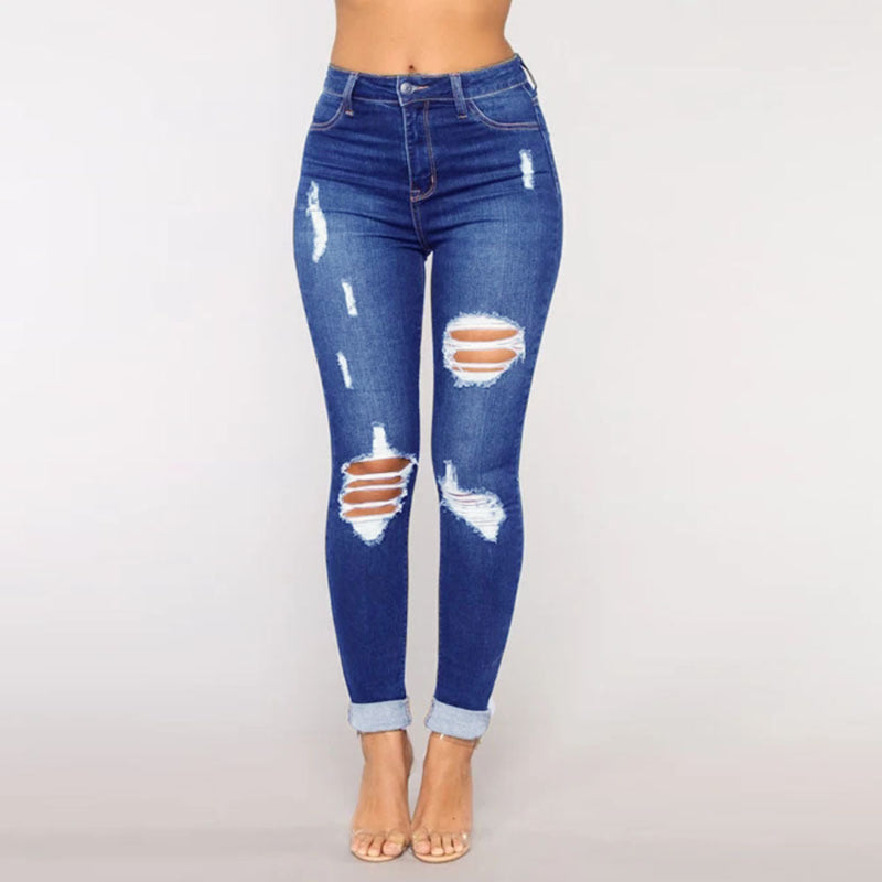 Ripped Hole Washed High Waist Blue Jeans