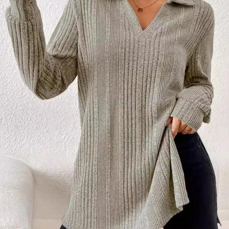 Slit johnny collar long sleeve sweater - runwayfashionista.com