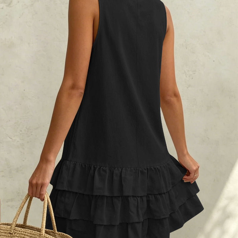 Sleeveless V-Neck Layered Ruffle Mini Dress - black