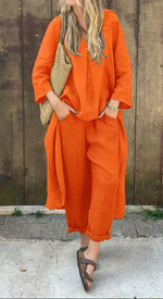 V-neck Long Top And High Waist Wide Leg Pants - red