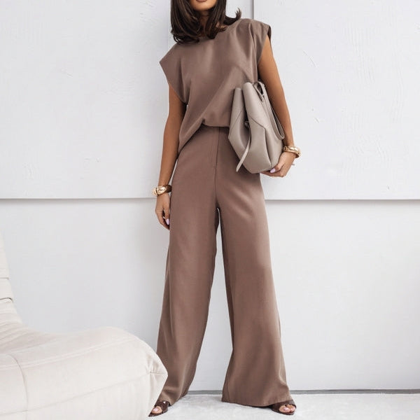 2 Piece Casual Set Short Sleeve T-Shirt Vest Loose Wide Leg Pants - khaki