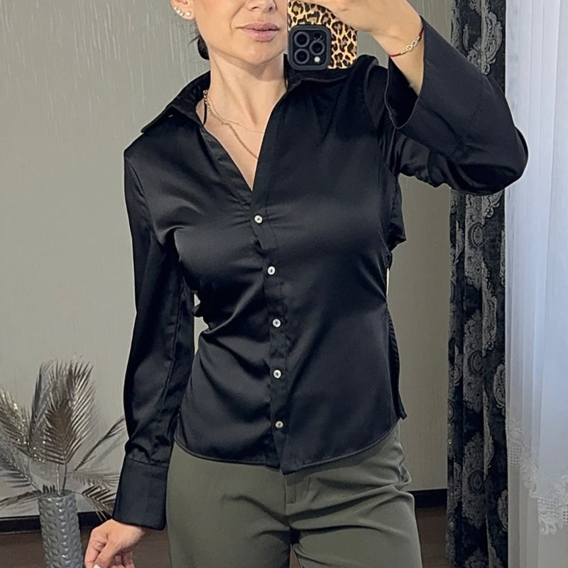 Black Satin-Finish Gold-Button Fitted Long-Sleeve Shirt