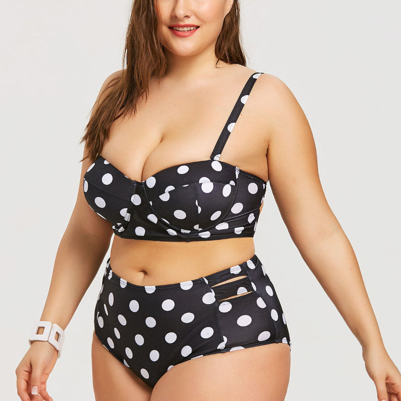 Black & White Polka Dot Retro Underwire Push-Up Bandeau Top & High-Waist Full-Coverage Bikini Set — Plus Size