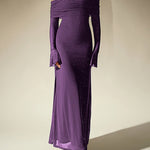 Off-Shoulder Maxi Dress With Glitter Detail And Mesh Sleeves - dark purple