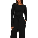 2 Pieces Long Sleeve Tops High Waisted Wide Leg Pants - black