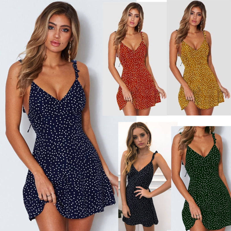 Polka Dot Bow-Strap Ruched-Waist Mini Dress